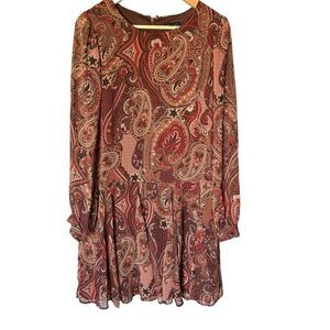 TOMMY HILFIGER Womens Dress Size 8 Brown Red Paisley Long Sleeve Ruffle Boho